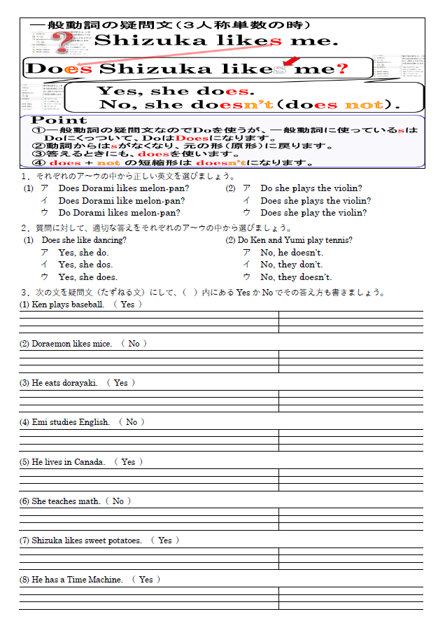 3単現の疑問文練習問題ワークシートのサムネイル