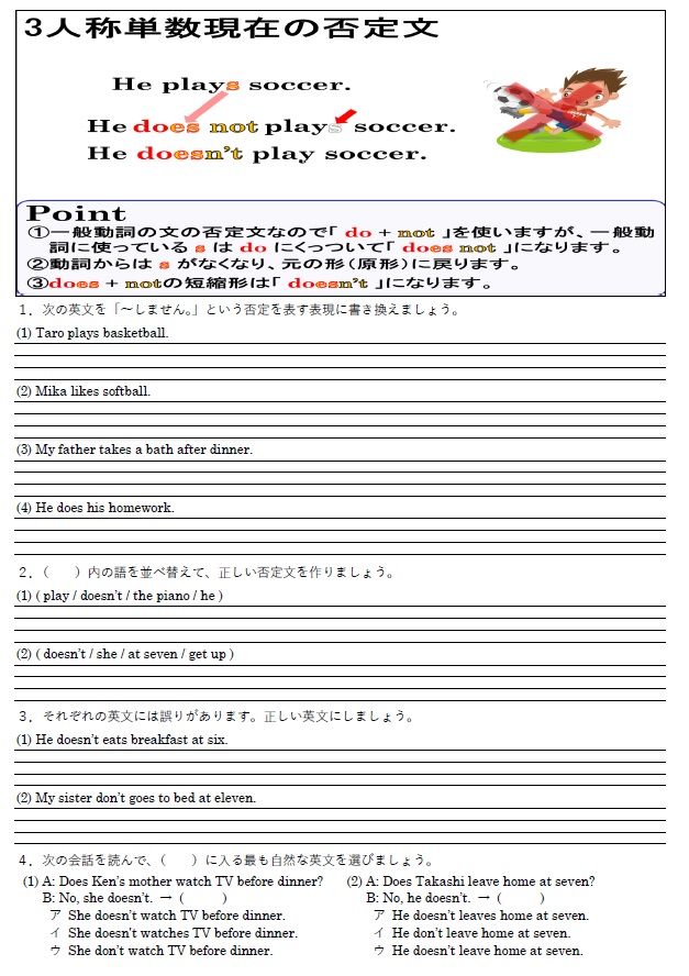 3人称単数現在の否定文 練習問題のサムネイル