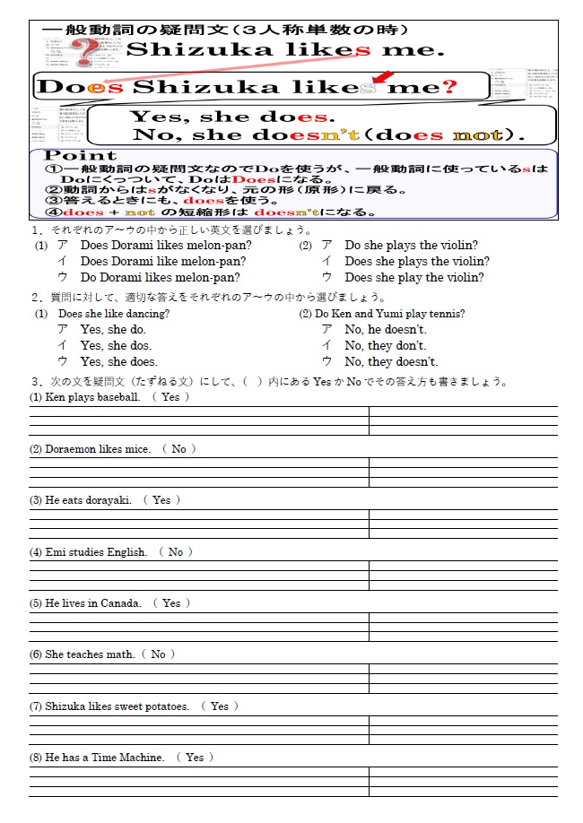 3単現の疑問文練習問題ワークシートのサムネイル
