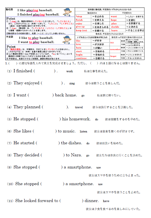 動名詞 vs 不定詞 演習問題
